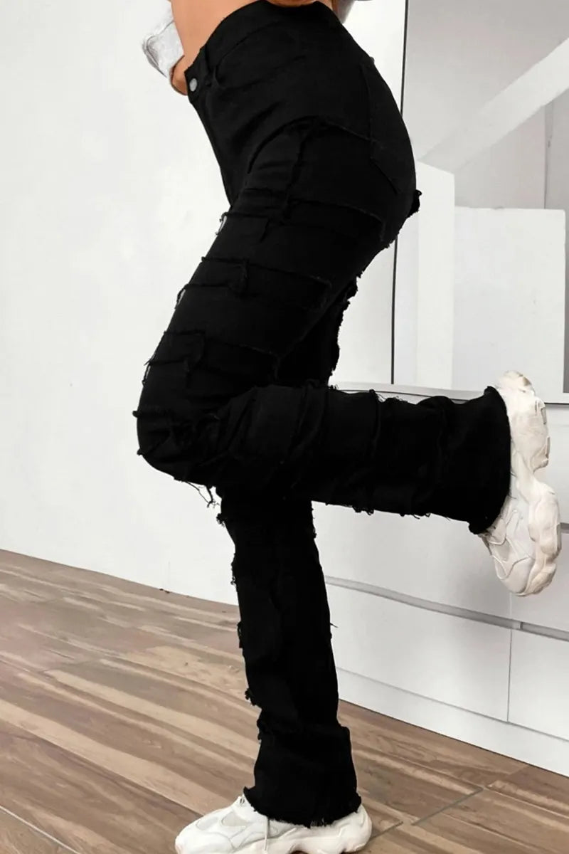Women's Street Style Distressed Raw Hem Layered Patchwork Jeans