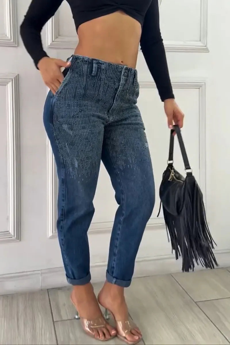 Women's Casual Rhinestone Trim Waistband Jeans