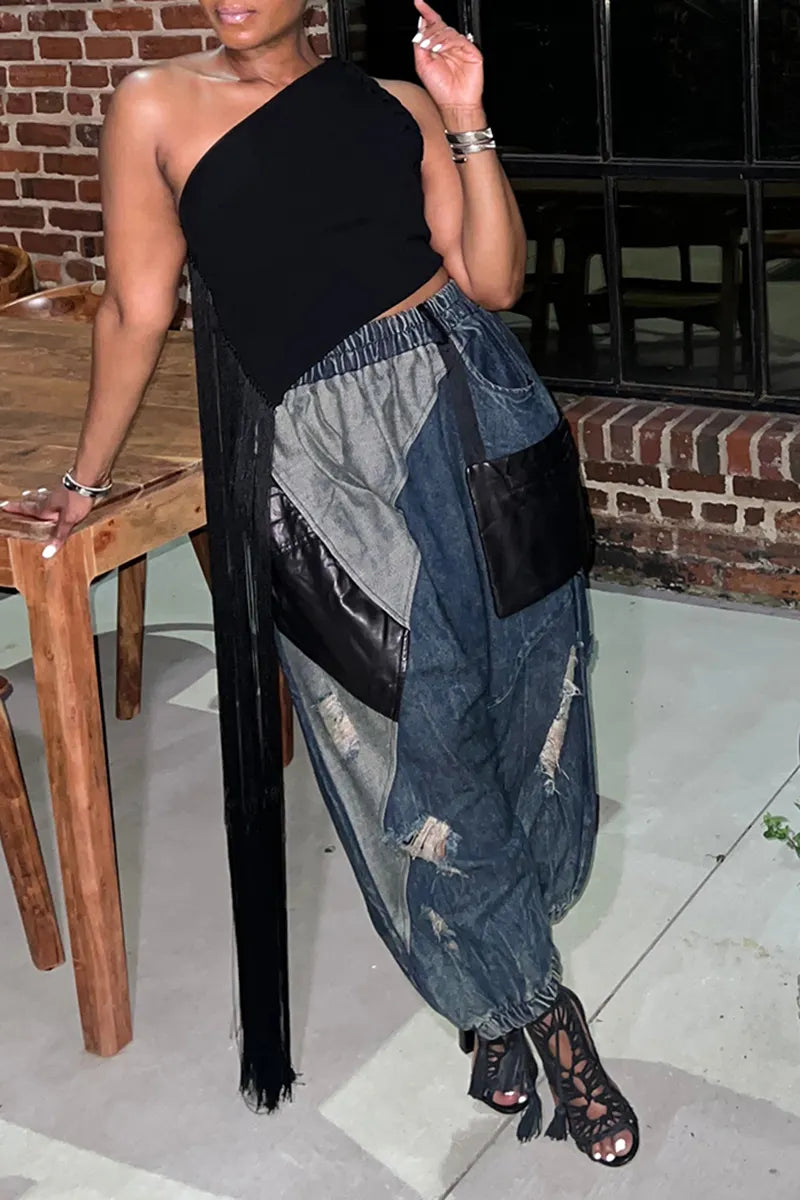 Women's Casual Color Block Trim Leather Panel Jeans