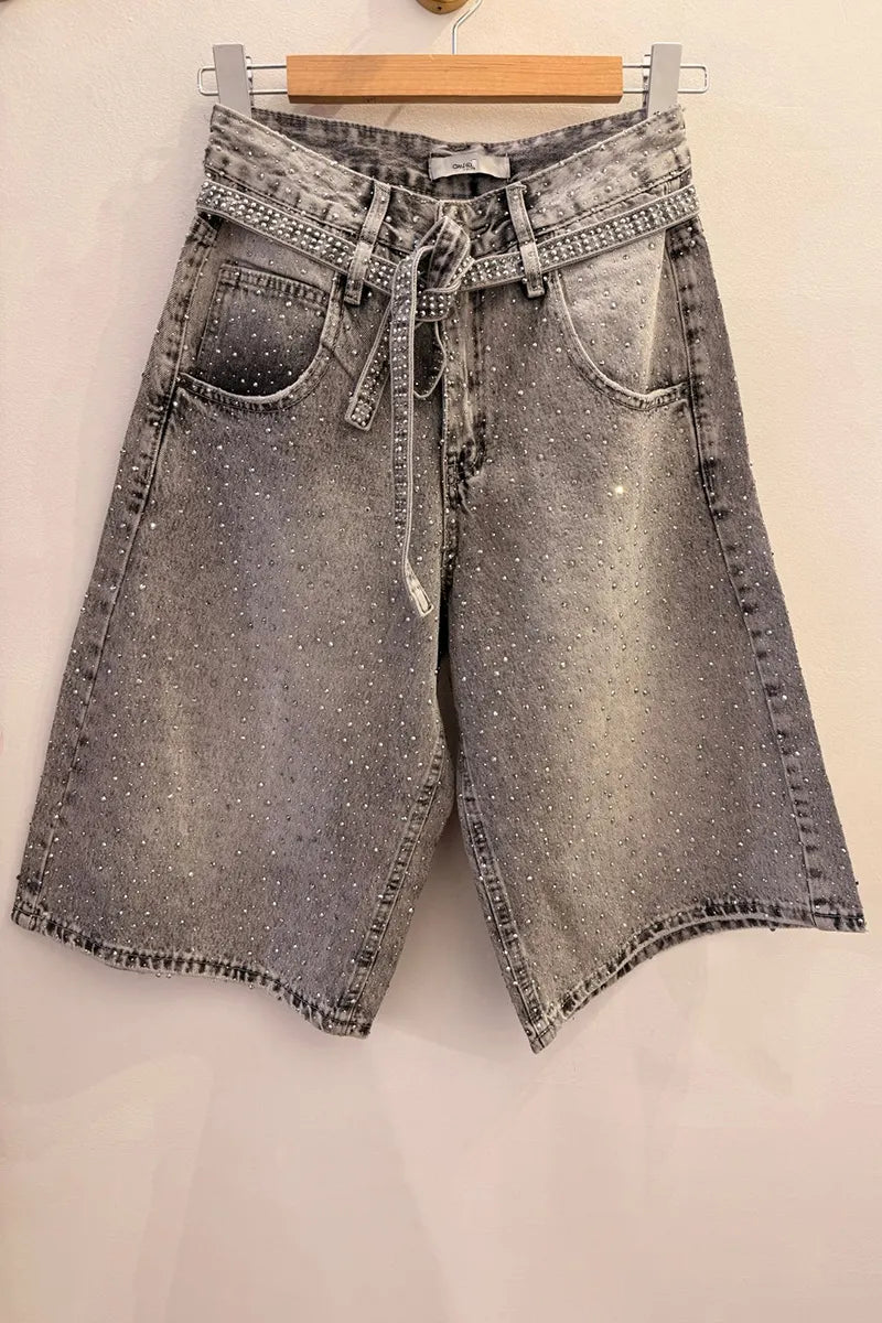 Women's Fashion Sparkling Rhinestone Cropped Jeans with Belt