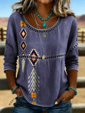 Women's Retro Aztec Print Casual Hollow Denim Shirt