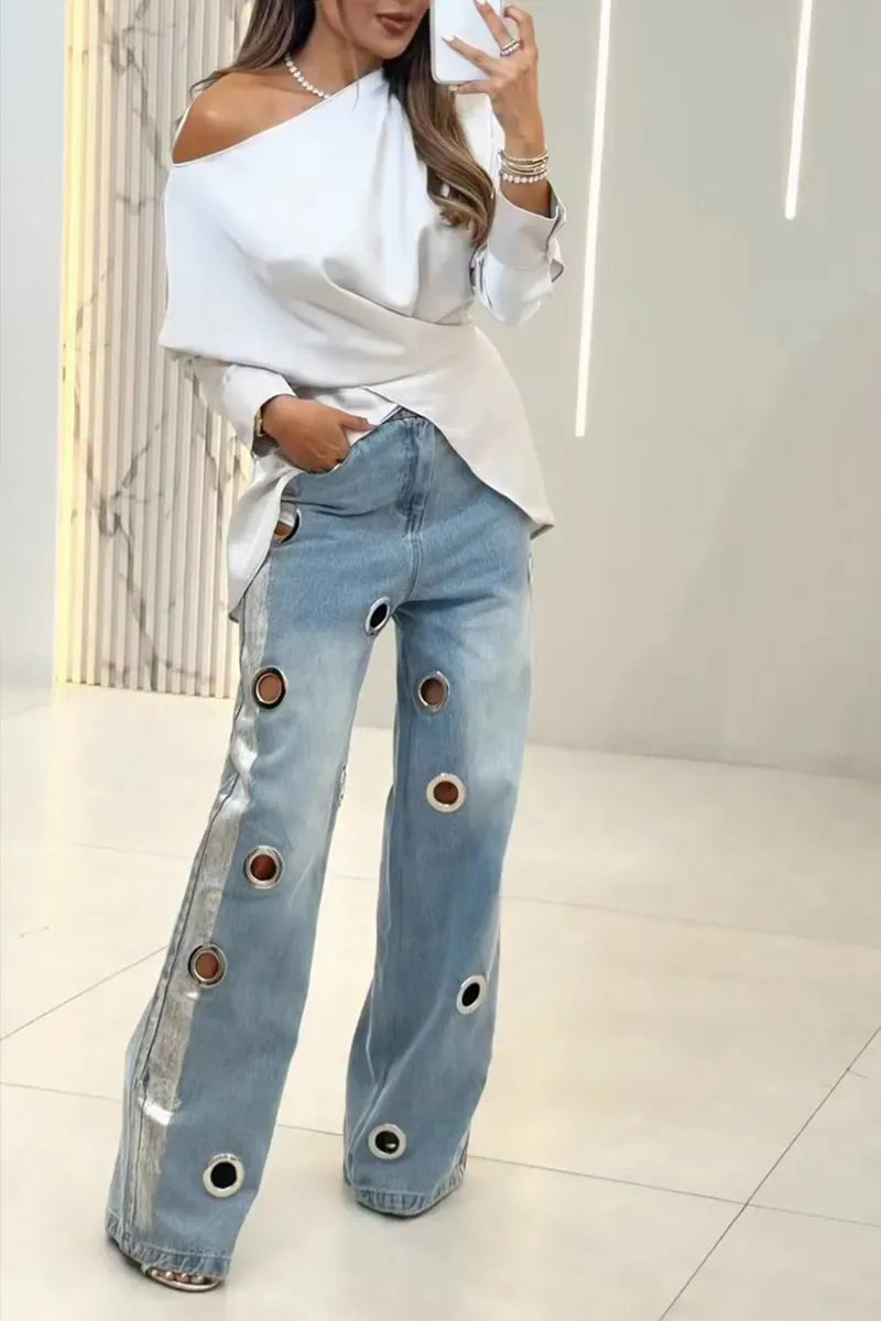 Women's Fashion Metal Cutout Wide Leg Jeans