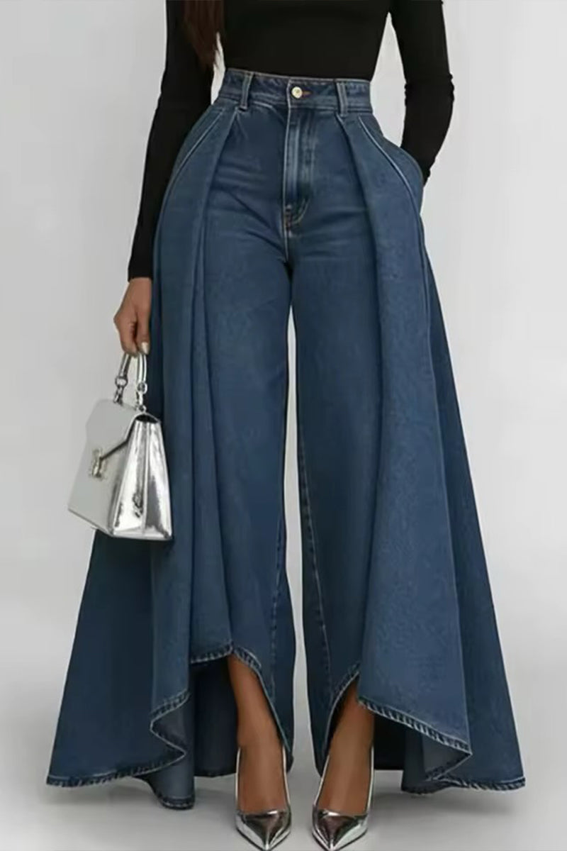Women's Elegant Vintage Pleated High Low Hem Jeans
