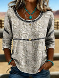 Women's Vintage Floral Print Casual Hollow-Out Denim Shirt