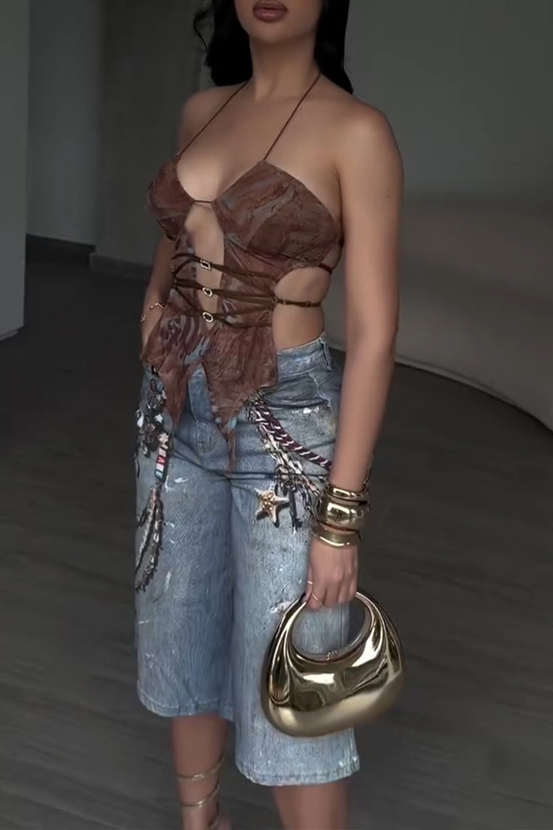 Women's Fashion Chain Pattern Print Wide Leg Short Jeans