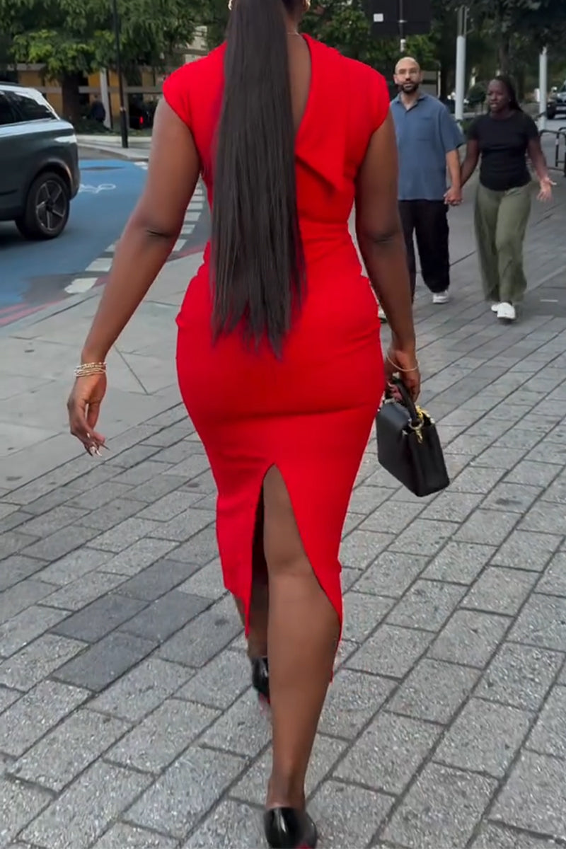 Women's Round Neck Solid Color Slit Slim Fit Elegant Temperament Dress