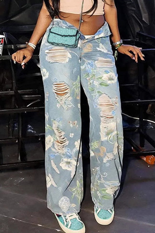 Women's Street Floral Graffiti Print Distressed Jeans