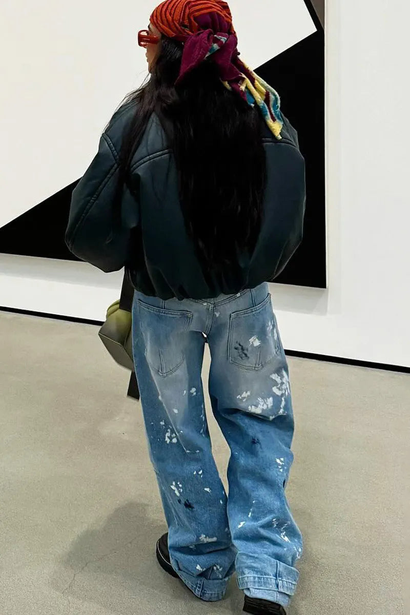 Ladies Edgy Graffiti Print Wide-Legs Jeans