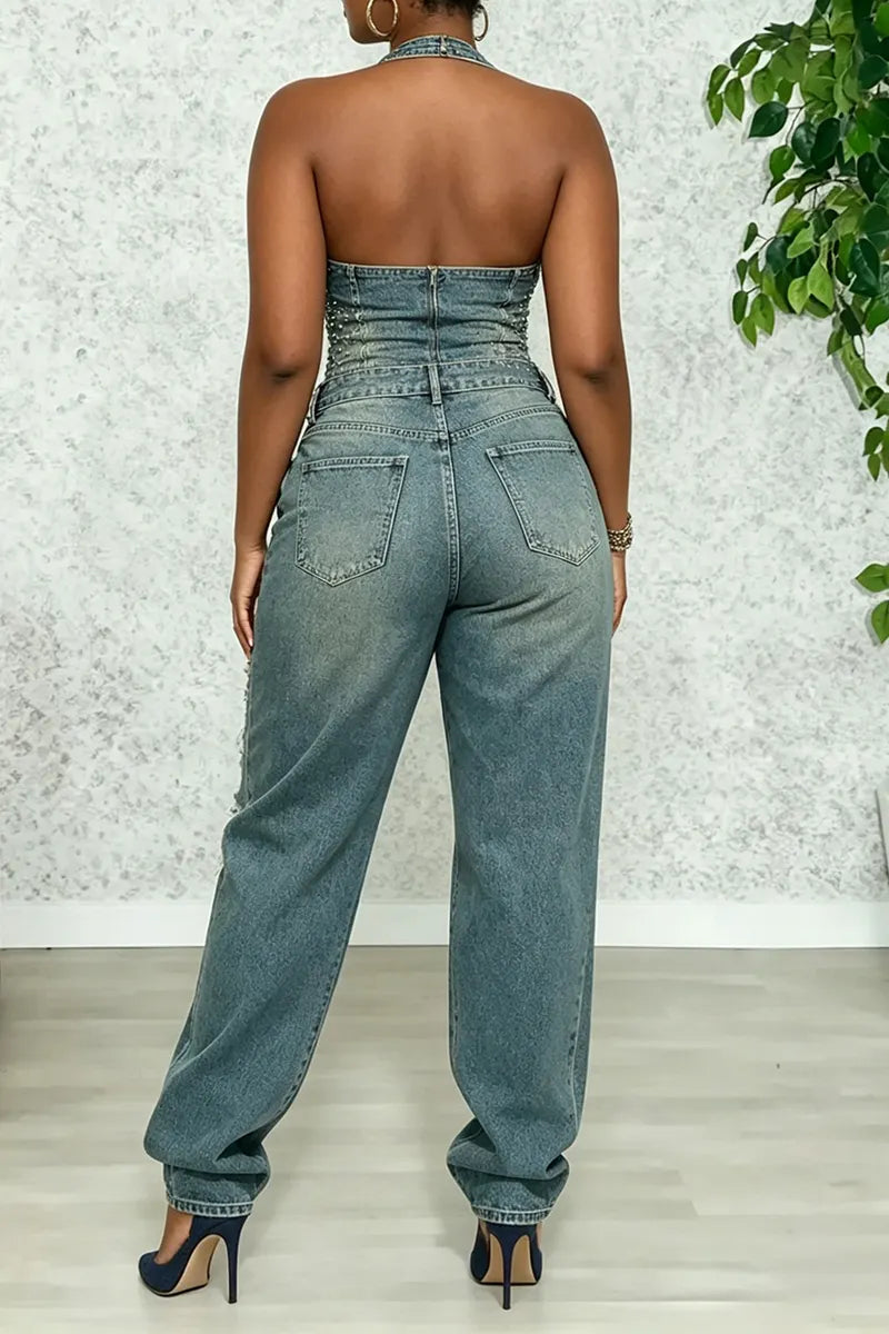 Women's Fashion Bestseller Rhinestone Denim Vest & Distressed Jeans