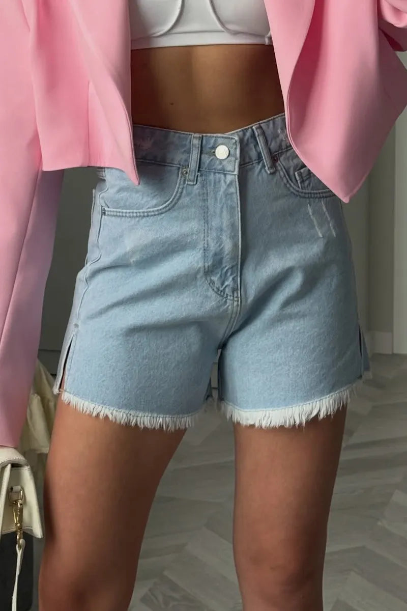 Women's Distressed Denim Shorts with Raw Frayed Hem & Front Slit