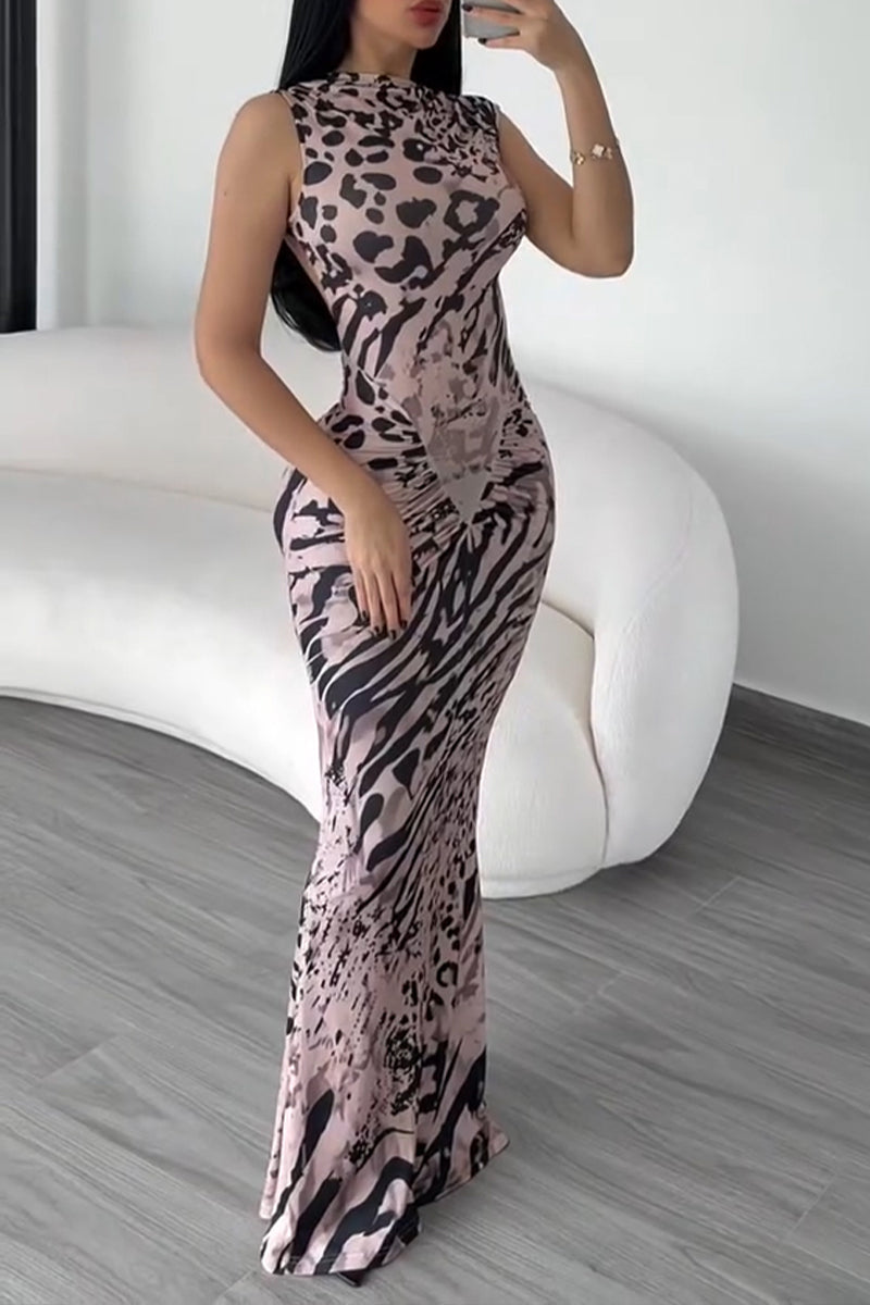 Women's Casual Print Patchwork Pleated Slim Maxi Dress