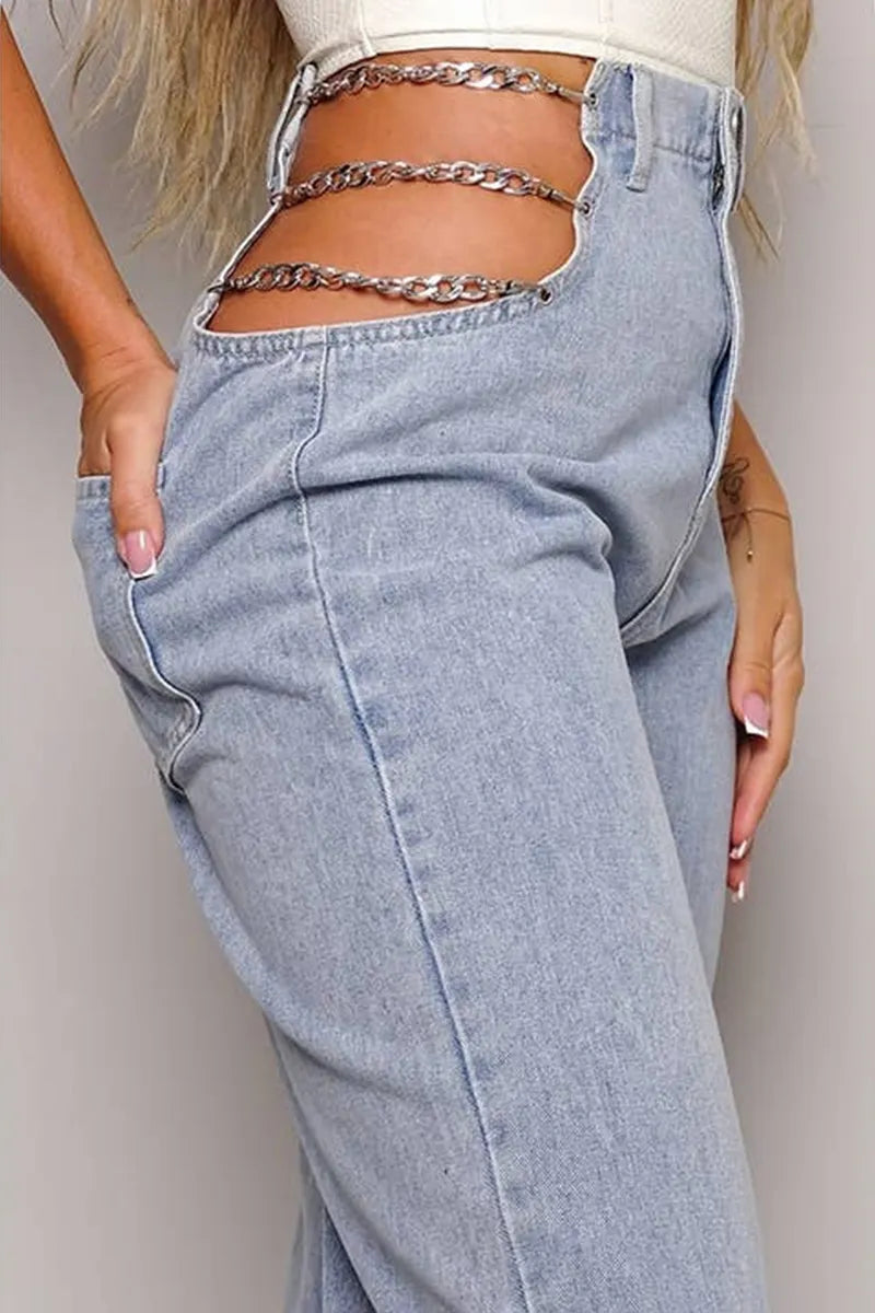 Women's Loose Straight Jeans with Chain-Link Cut-Out Design