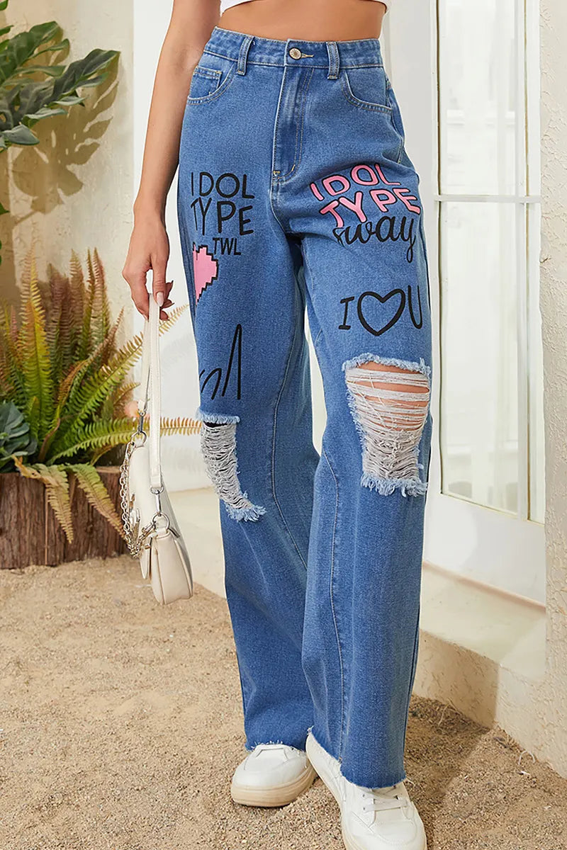 Women's Graffiti Art Distressed Raw Hem Jeans