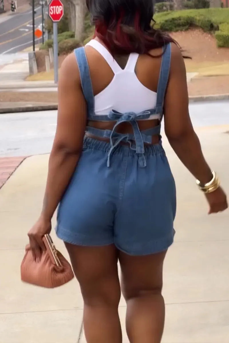 Women's Casual Open Back Waist Drawstring Denim Overalls
