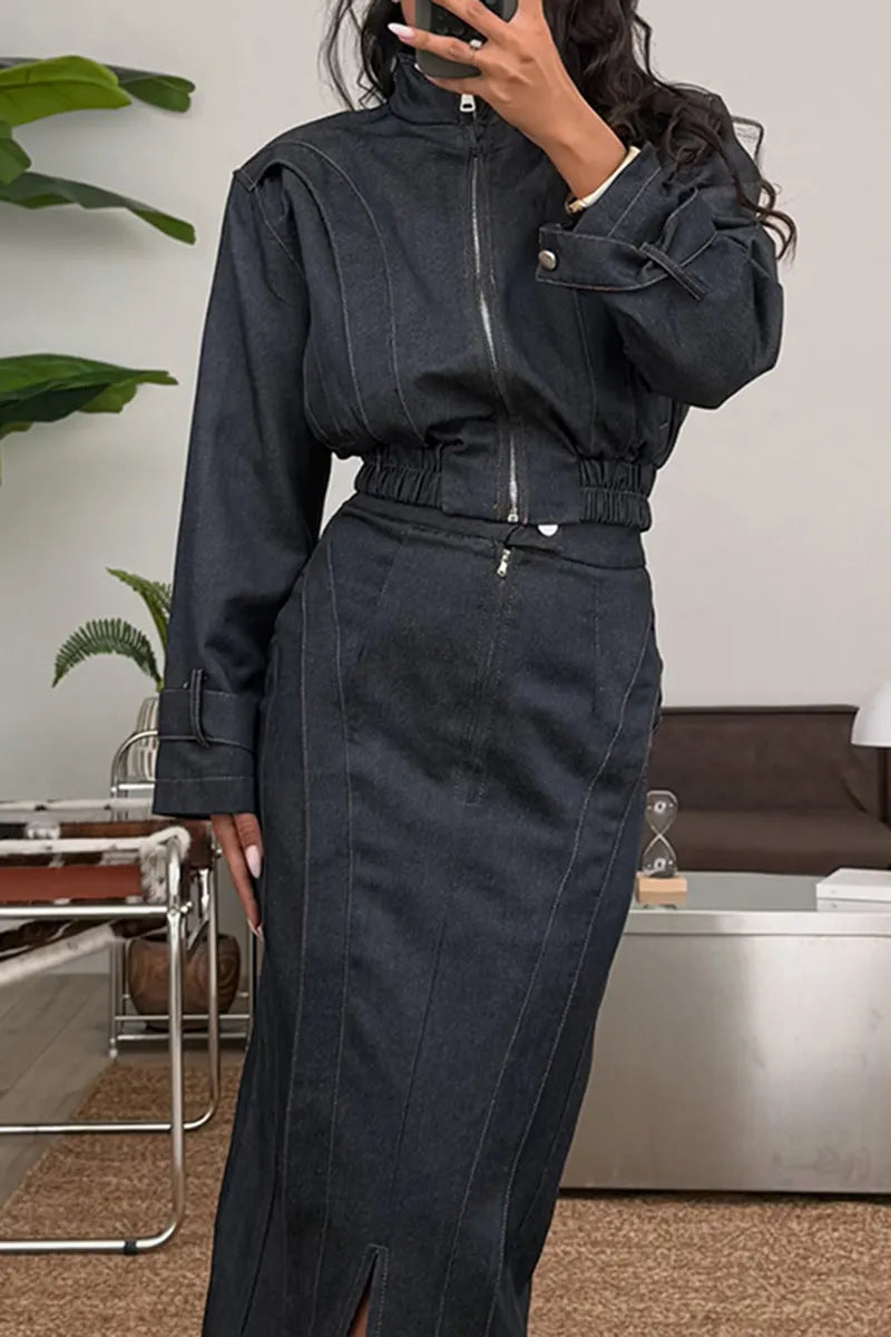 Women's Casual Loose Denim Jacket or Straight Slit Skirt