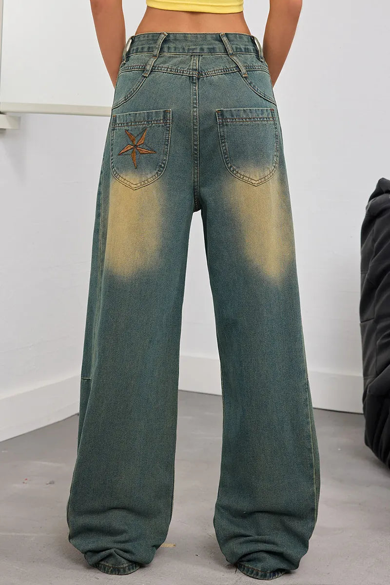 Women's Vintage Washed Loose Fit Jeans With Embroidery