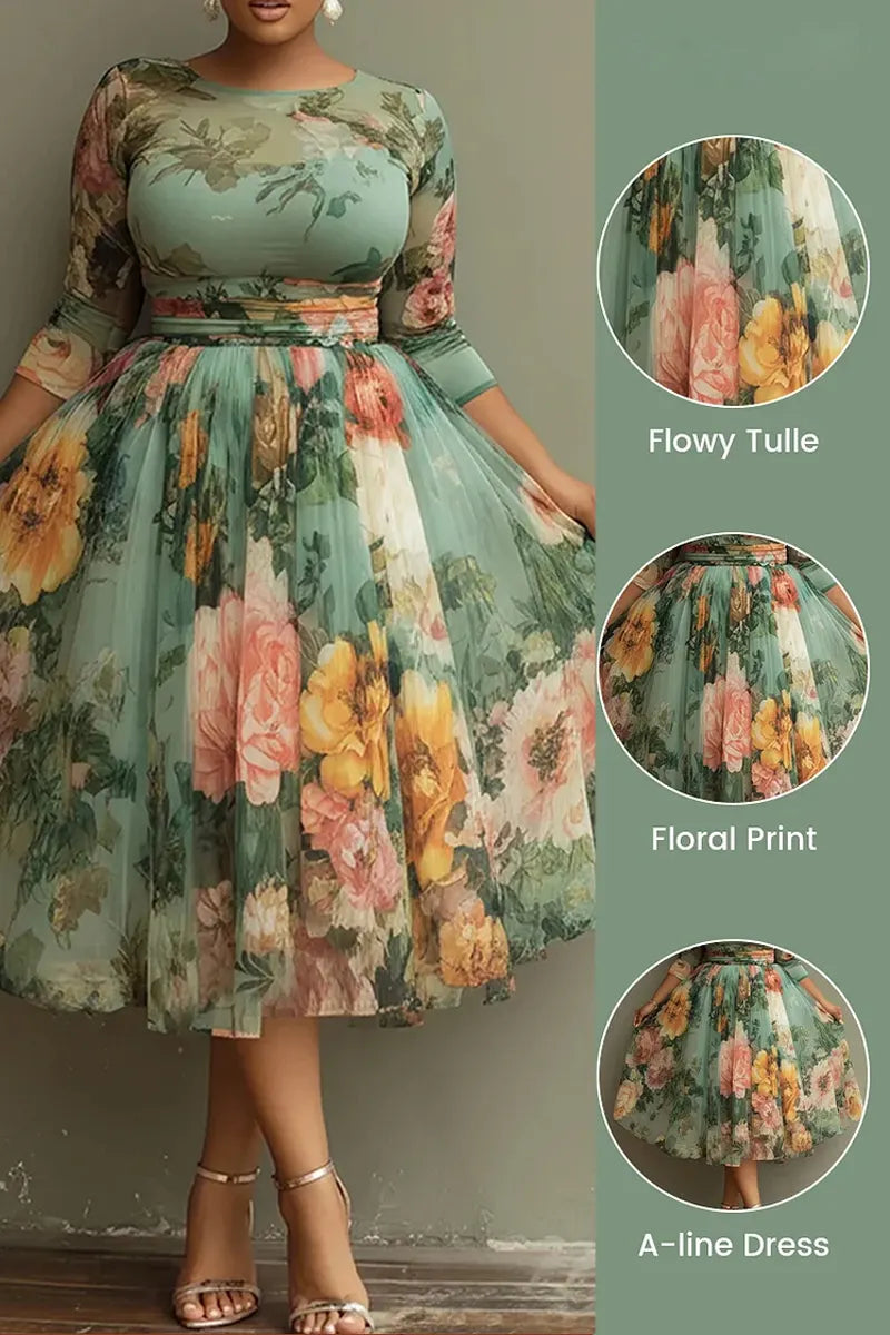 Ladies' Fashionable Leisure Vacation Sage Green Floral Round Neck 3/4 Sleeves Sheer Sheer Mid Length Skirt