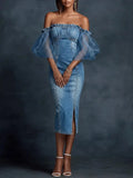 Women's Elegant Mesh Splice Off-shoulder Bodycon Denim Dress