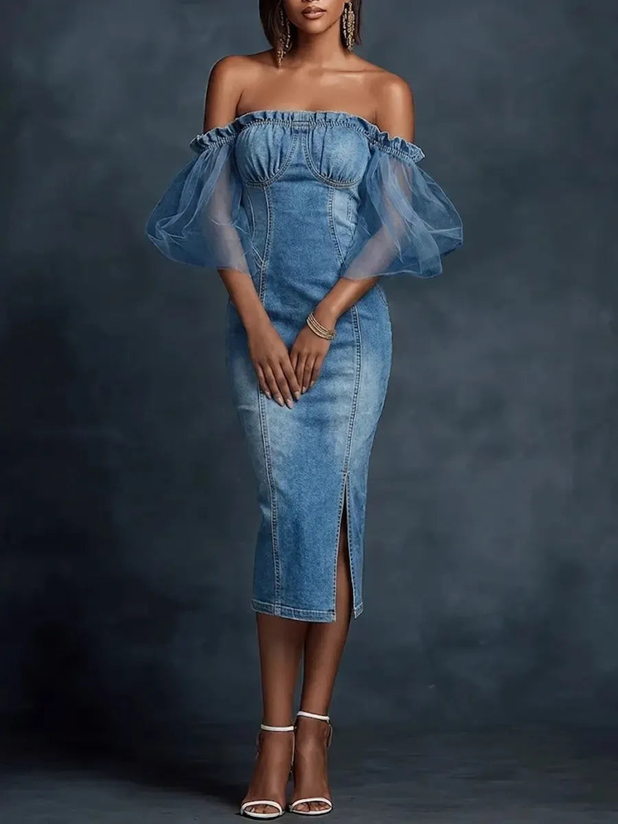 Women's Elegant Mesh Splice Off-shoulder Bodycon Denim Dress