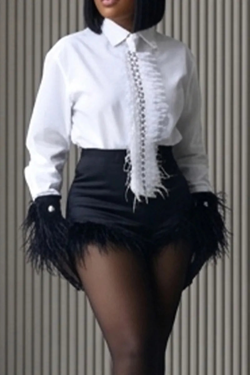 Women's TwoPiece Commuter Top With Rhinestone And Frayed Edges Or Bodycon Short Skirt With Frayed Hem