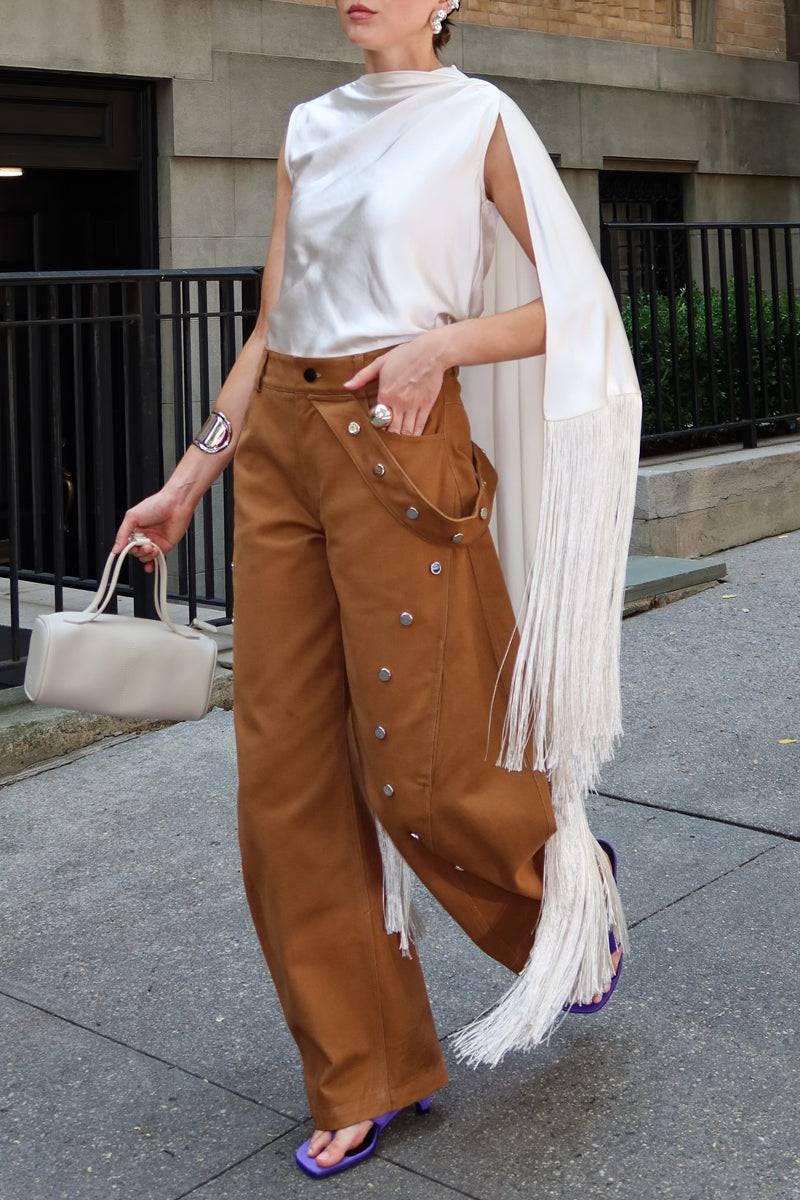 Women's Round Neck Patchwork Tassel Top or Rivet Patchwork Wide Leg Pants