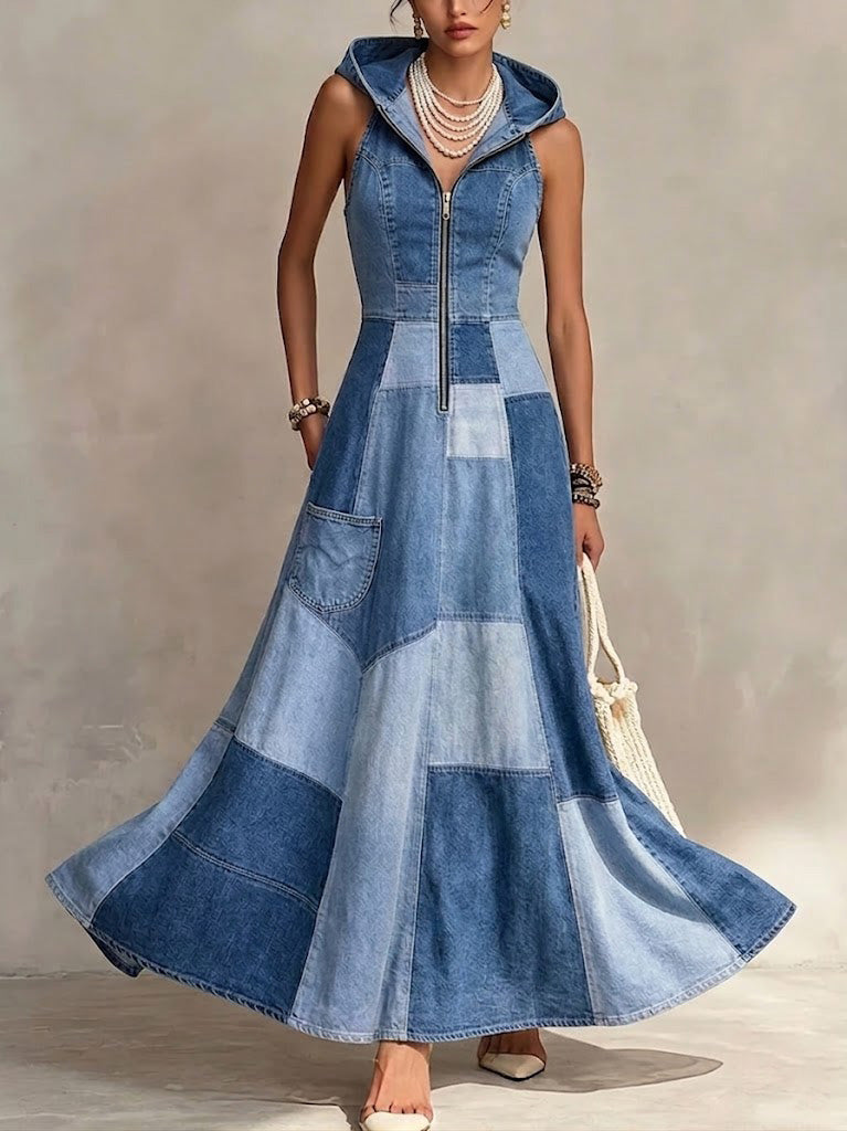 Color-block Western-style Maxi Dress With Zipper