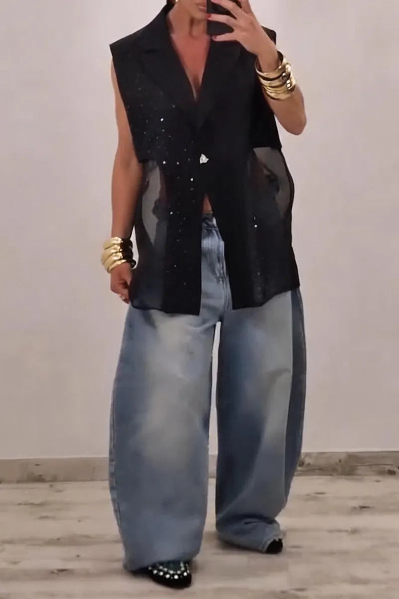 Women's Fashion Mesh Panel Rhinestone Lapel Vest
