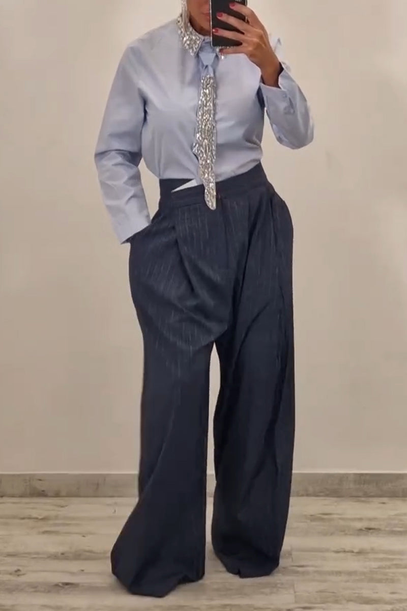 Women's Fashion Rhinestone Neckline Shirt with Belt or Stripe Suit Pants