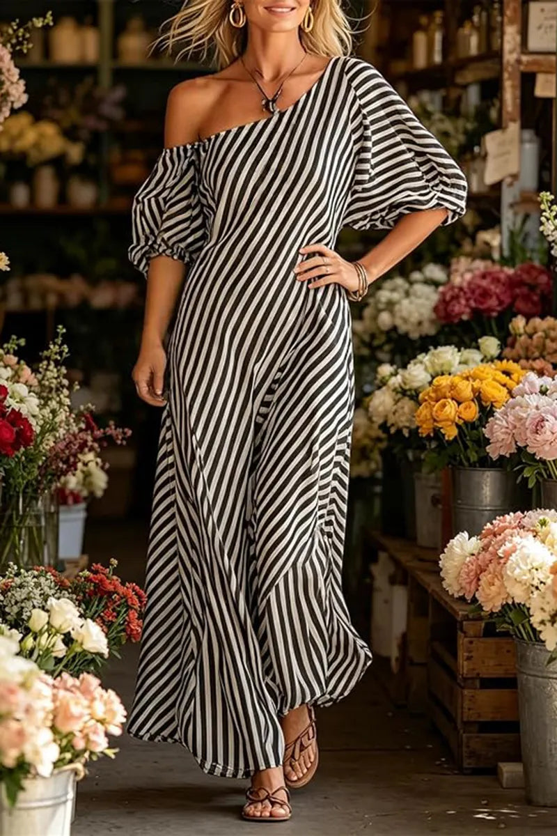 Women's Vacation Stripe Asymmetric Neckline Puff Sleeve Maxi Dress