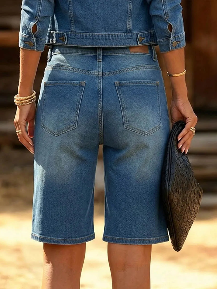 Women's High-waisted Loose-fit Rivet-embellished Wide-leg Denim Shorts