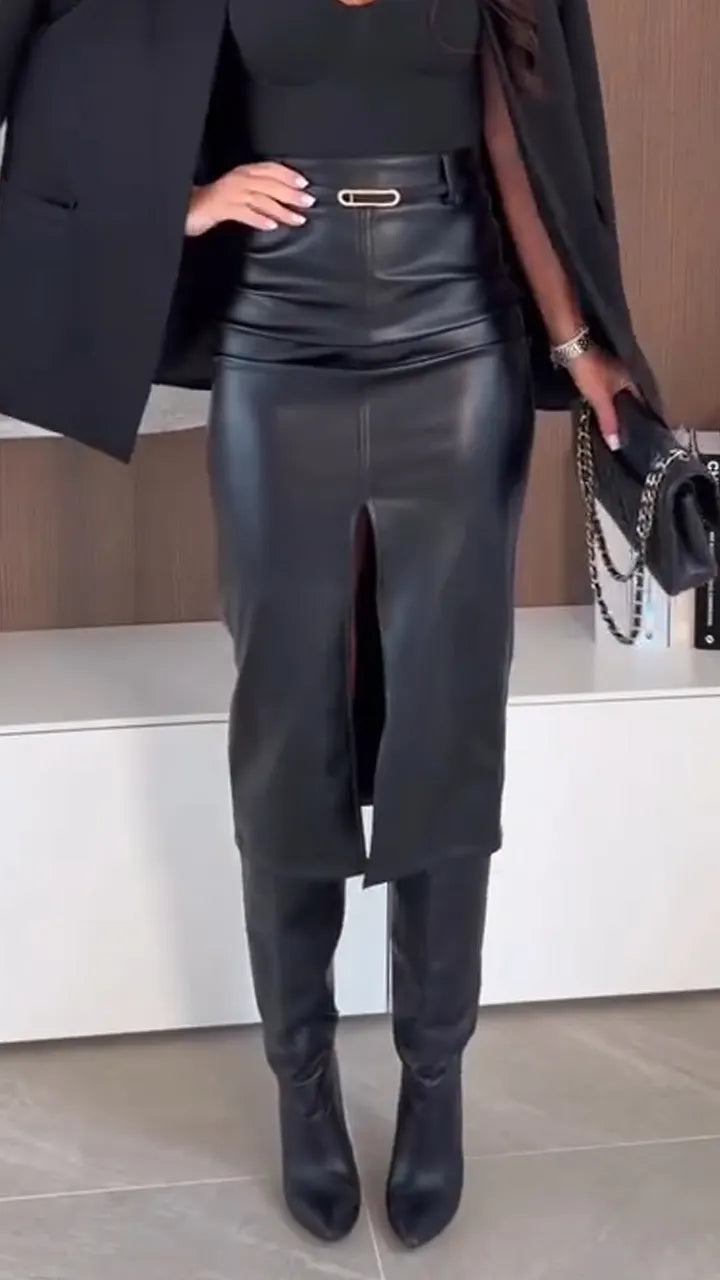 Women Split Temperament Casual Leather Skirt