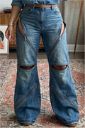 Women's Multi Zipper Cutout Wide Leg Jeans High Waist Convertible Slash Knee Baggy Denim Pants Streetwear Festival Outfit