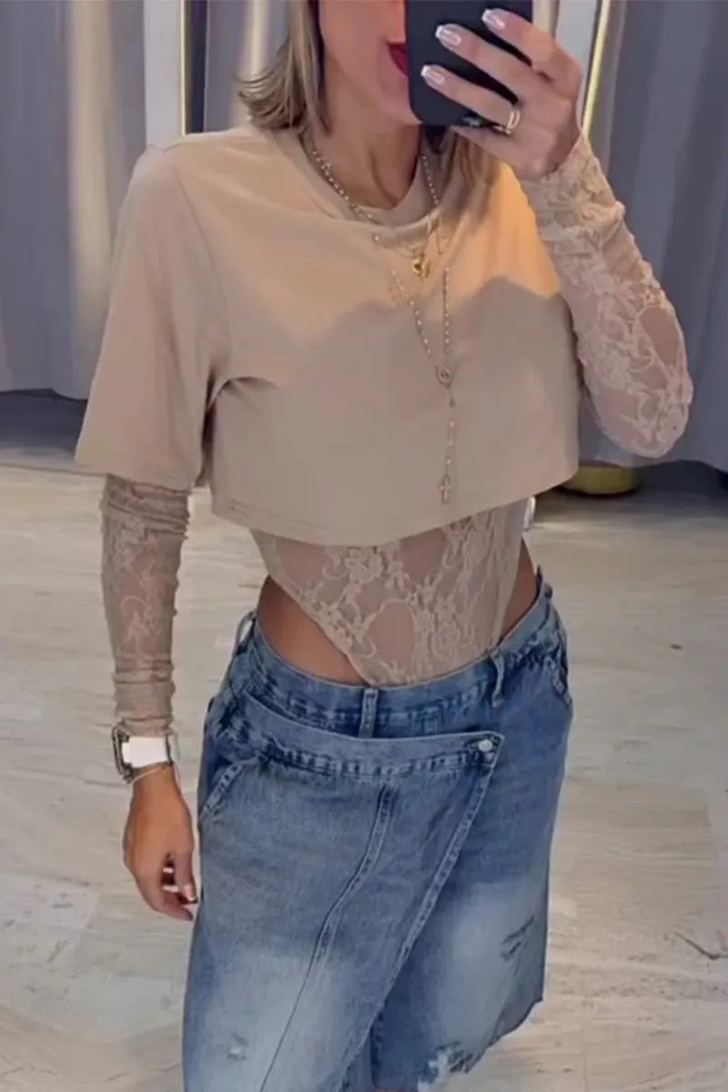 Women's Elegant Two-Piece Lace Mesh Bodysuit