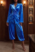 Women's Ruched Waist Notched Collar Velvet Blazer & Cuffed Harem Pants 2-Piece Set