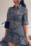 Women's Collar Vertical Striped Shirt or Patchwork Multi-layered Irregular Elegant Casual Half Skirt