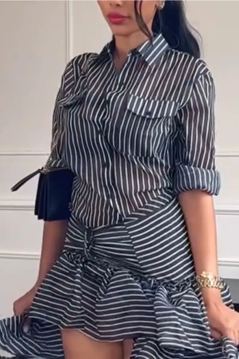 Women's Collar Vertical Striped Shirt or Patchwork Multi-layered Irregular Elegant Casual Half Skirt