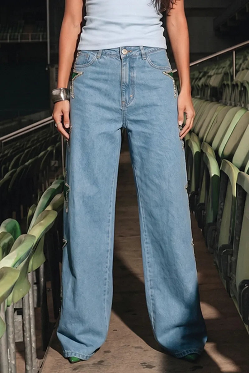 Women's Fashion Side Star Pattern Rhinestone Jeans