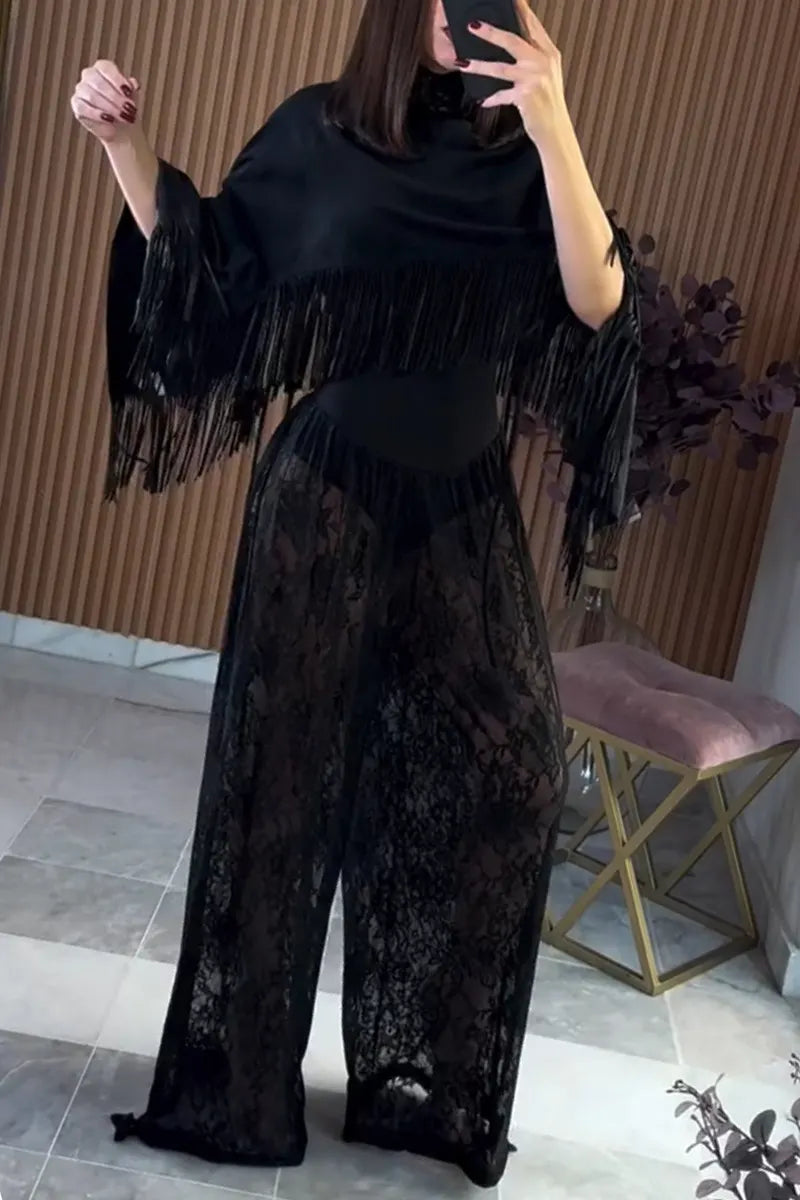 Women Round Neck Patchwork Lace Patterned Jumpsuit or Solid Color Tassel Shawl