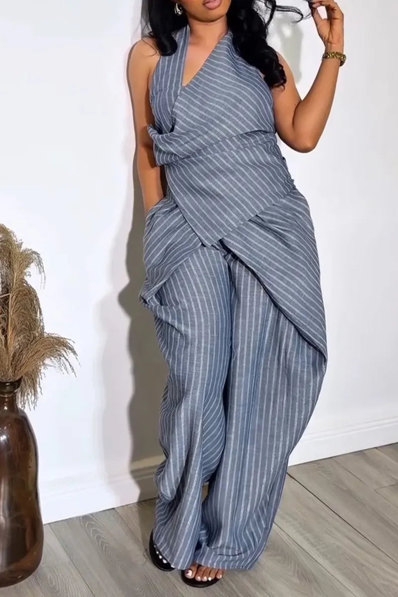 Women's Casual Drape Neck Stripe Top Silhouette Pants Two-Piece Set
