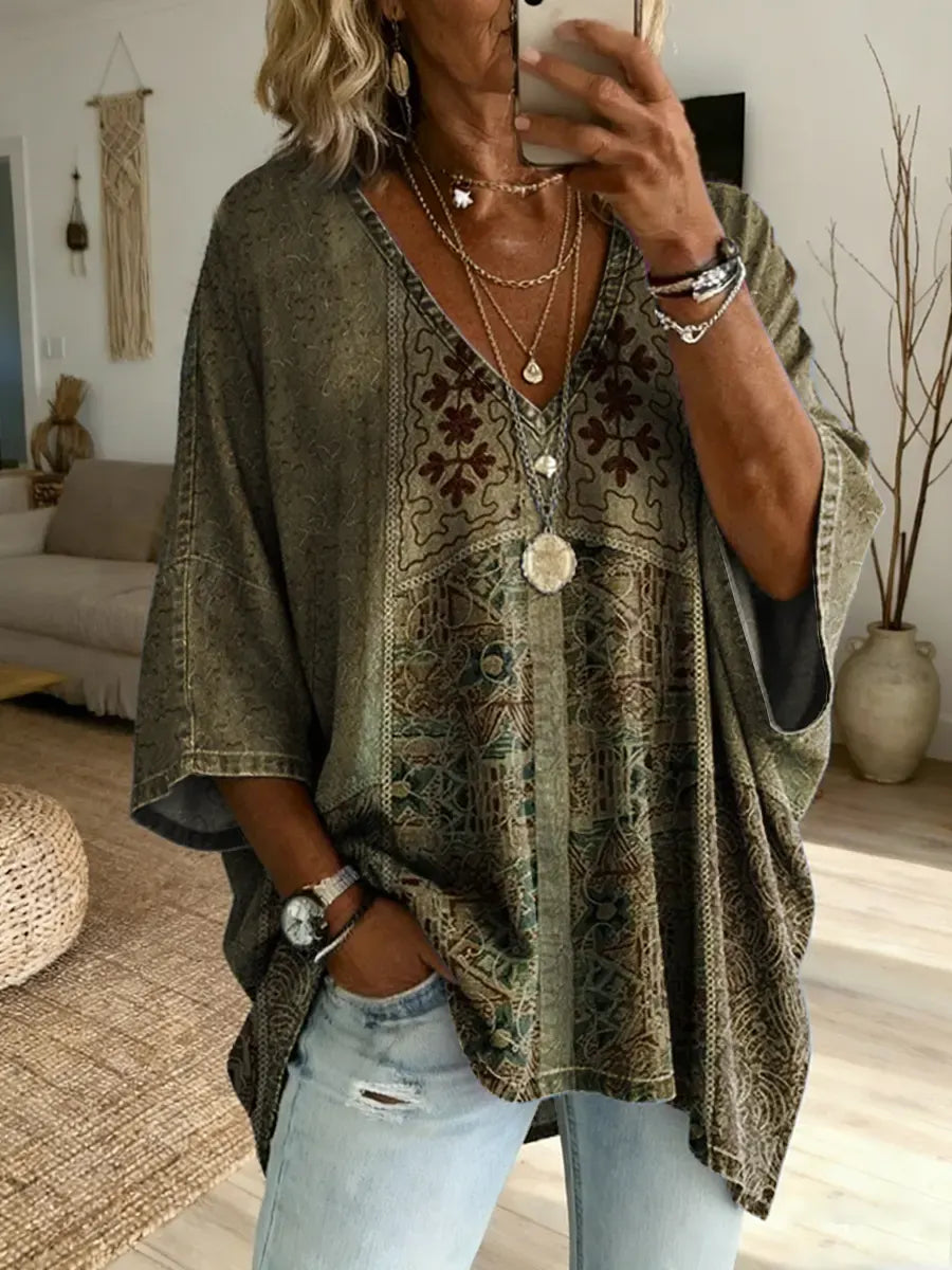 Women's Vintage Ethnic Print Casual Washed Cotton Denim Shirt