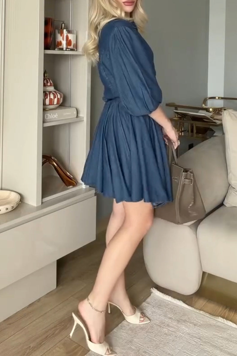 Women's Casual Puff Sleeve Waist Cinching Denim Mini Dress