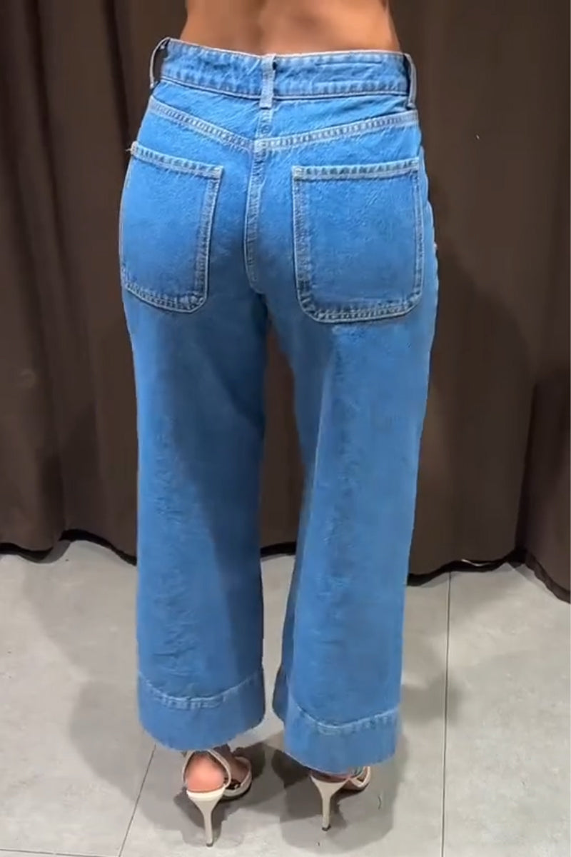 Women's Patchwork Pocket Casual Wide Leg Jeans