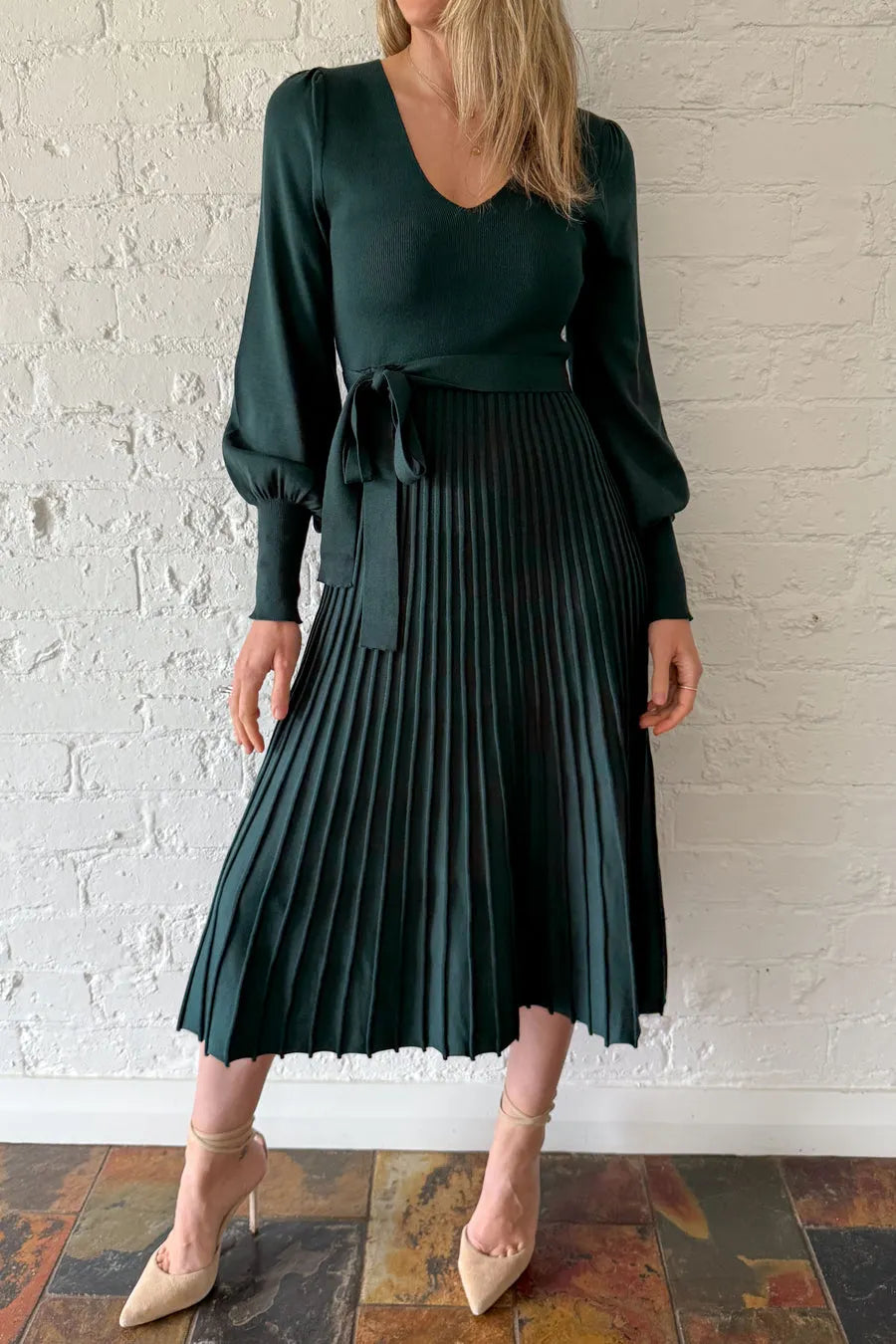Ladies U-neck Patchwork Pleated Elegant Casual Dress