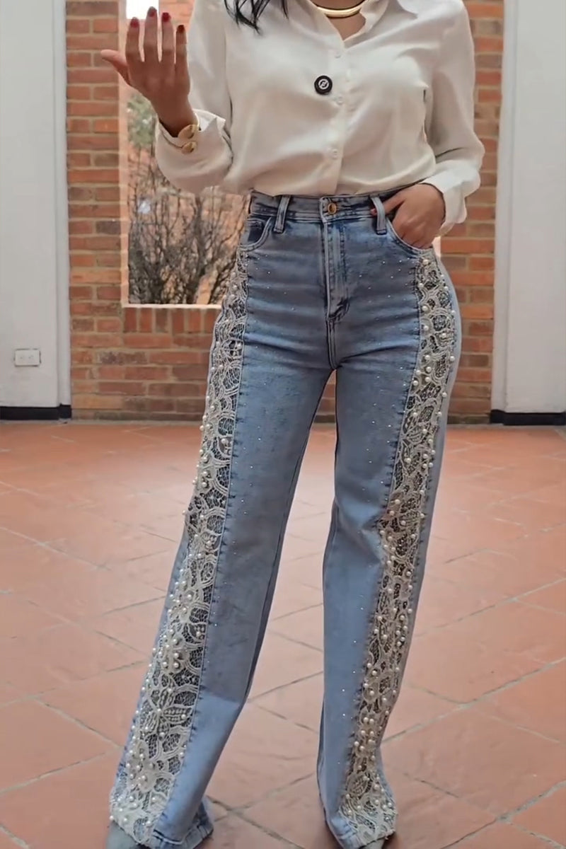 Women's Fashion Lace Patchwork Beads Decoration Wide Leg Jeans