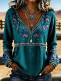 Women's Vintage Floral Print Casual Hollow-out Denim Shirt