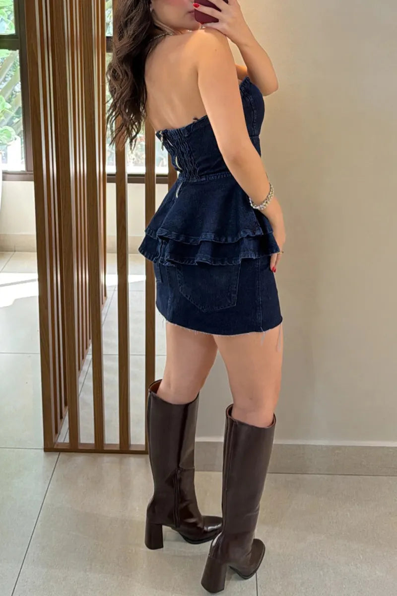Women's Elegant Double Layer Flounce Hem Denim Vest or Skirt