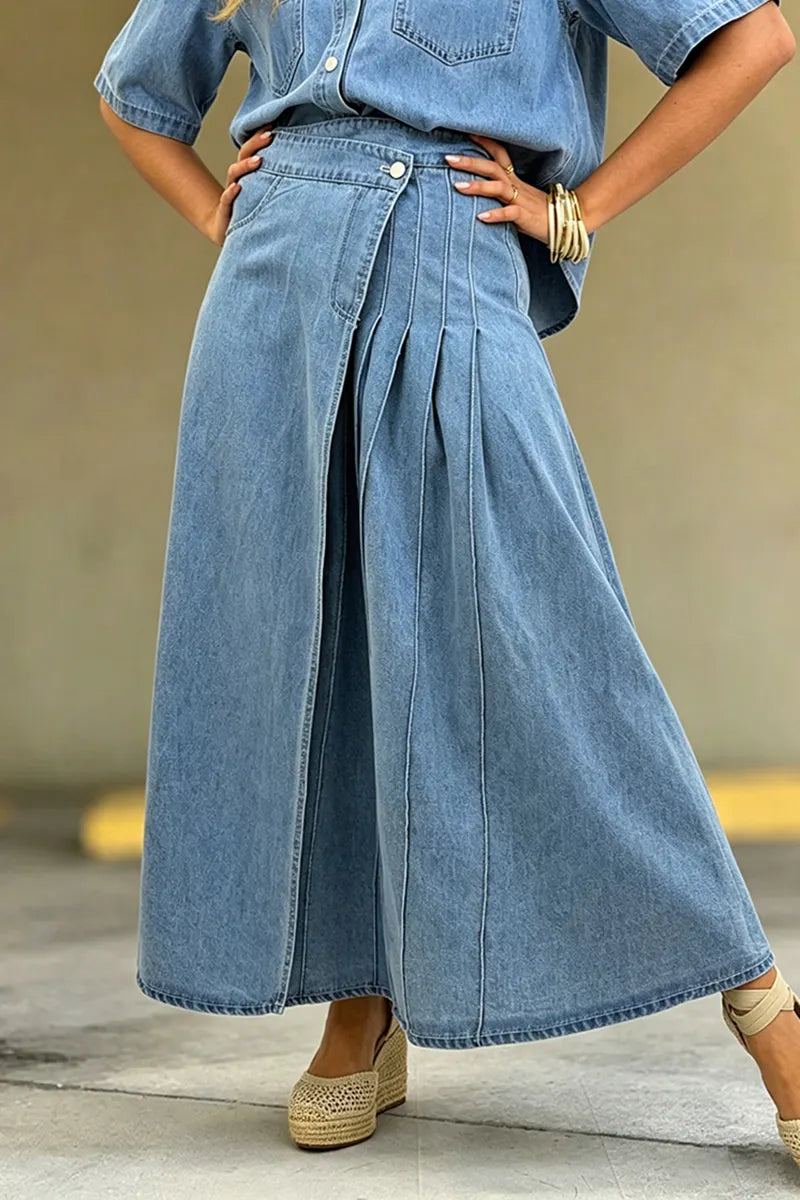 Women's Casual Loose Denim Shirt or Asymmetric Denim Skirt