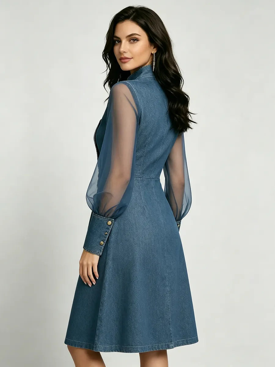 Elegant Stand-Collar Denim Dress with Organza Paneling