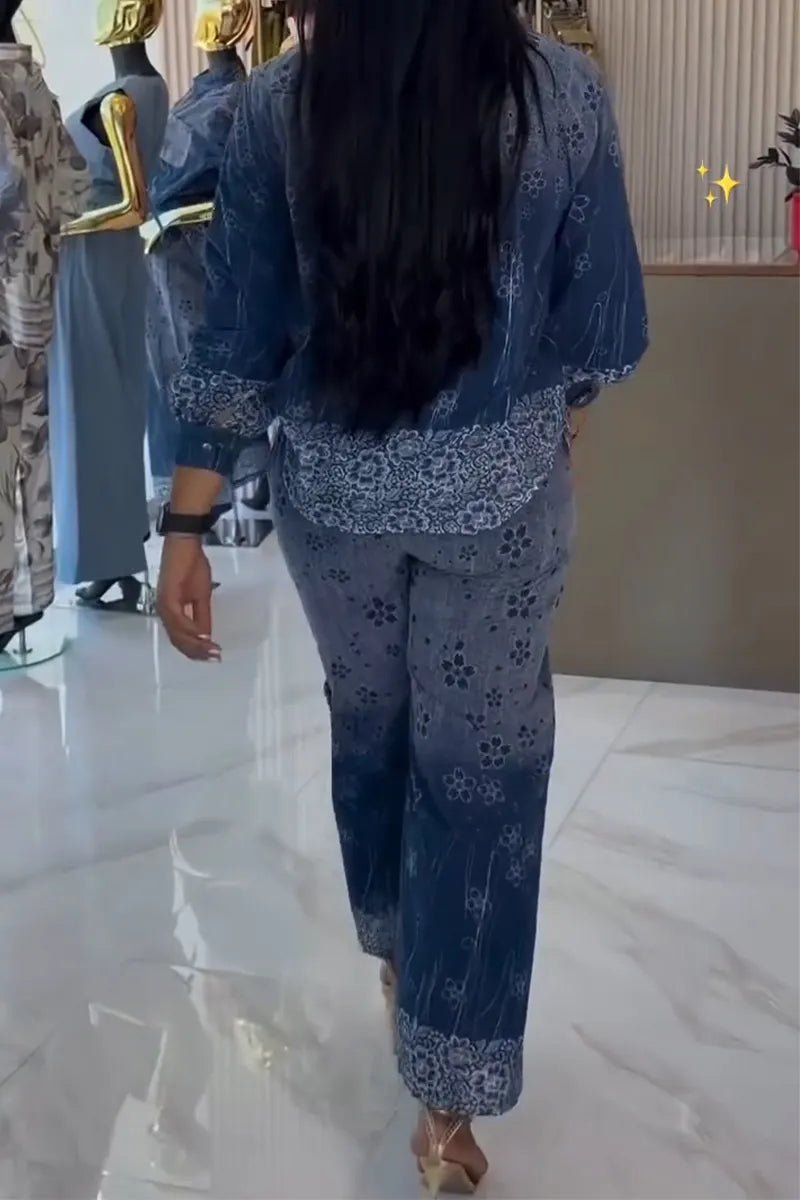 Women Collar Gradient Printed Shirt + Pants Casual Set