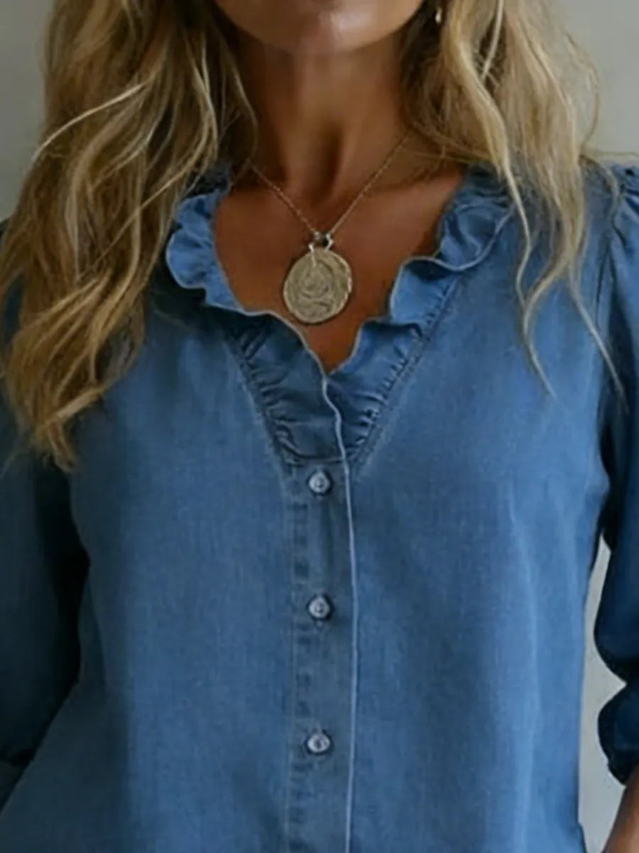 Romantic Ruffled Collar Denim Shirt